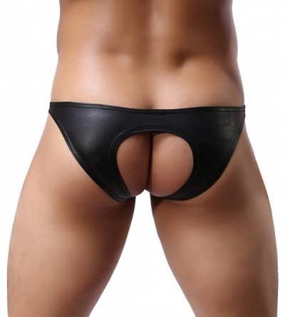 Briefs Men's Faux Leather Bikini Briefs Underwear Open Back Jockstrap Thongs Panties - Black - CN12MXLSGL3 $12.73