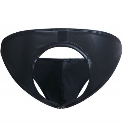 Briefs Men's Faux Leather Bikini Briefs Underwear Open Back Jockstrap Thongs Panties - Black - CN12MXLSGL3 $12.73