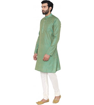 Sleep Sets Men's Banarsi Art Silk Tailored Fit Festive and Casual Kurta Chudidar Pajama Pyjama - 6 Colors - Green - CK18ZZ3U4...