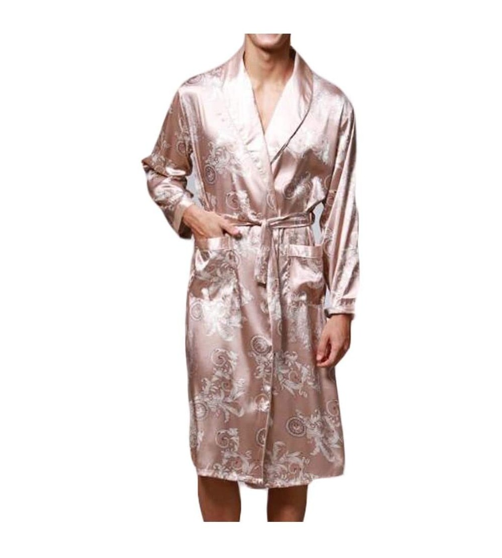 Robes Men's Summer Kimono Soft Satin Robe Nightgown Long-Sleeve Pajamas Printed Bathrobes - CS18WHLXUNR $36.89