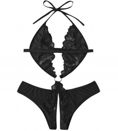 Bras Women Lace Deep V-Neck Sexy Sling Split Lingerie Bodysuit One-Piece Garment Underwear - Black - C91954TL6EI $22.86