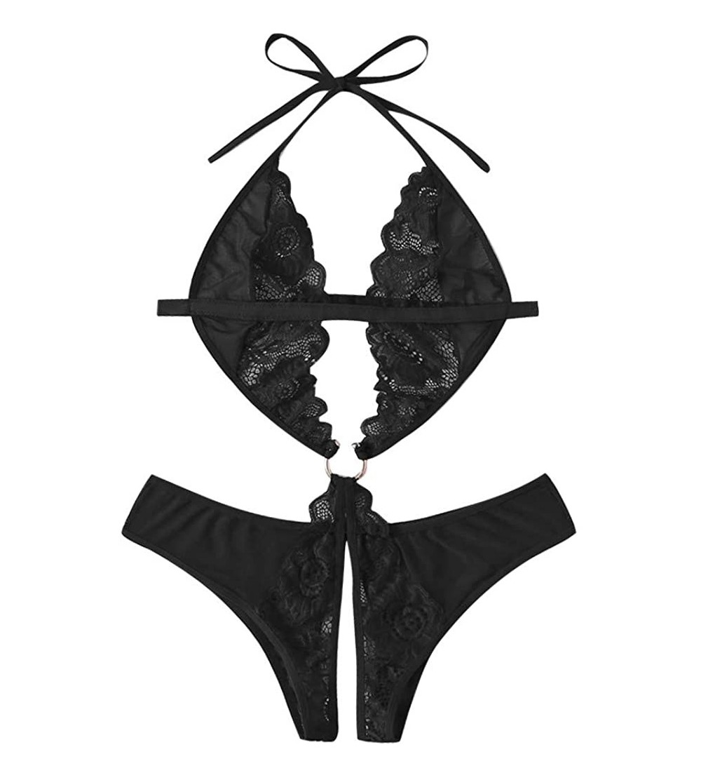 Bras Women Lace Deep V-Neck Sexy Sling Split Lingerie Bodysuit One-Piece Garment Underwear - Black - C91954TL6EI $12.76