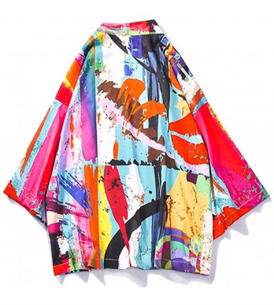 Robes Mens Kimono Cardigan- Men's Colorful Kimono Shawl Collar Cardigan Long Kimono Jackets Open Front Drape Cape Coat - Mult...