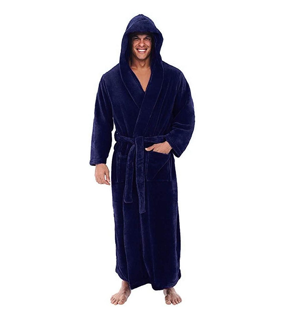 Robes Men's Soft Warm Plush Bathrobe with Hood-Full Length Kimono Shawl Collar - Dark Blue - CU1924S3GCQ $18.91