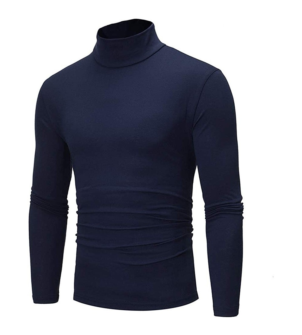 Undershirts Mens Turtle Neck Slim Long Sleeves T Shirt Top Skivvy Stretch Pullover Undershirt - Navy - CX193YT0ZN4 $18.24