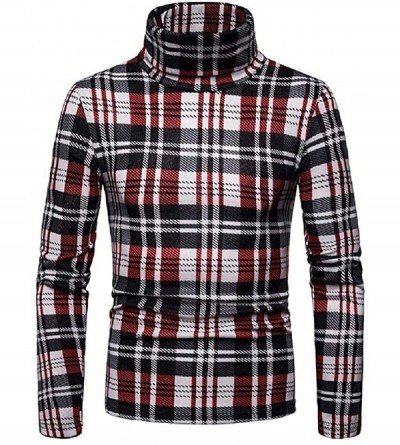 Thermal Underwear Men Thermal Warm Turtleneck Stretch Plaid Fleece Fall Winter T-Shirt Tops - Red - CJ1905IUOLM $83.17