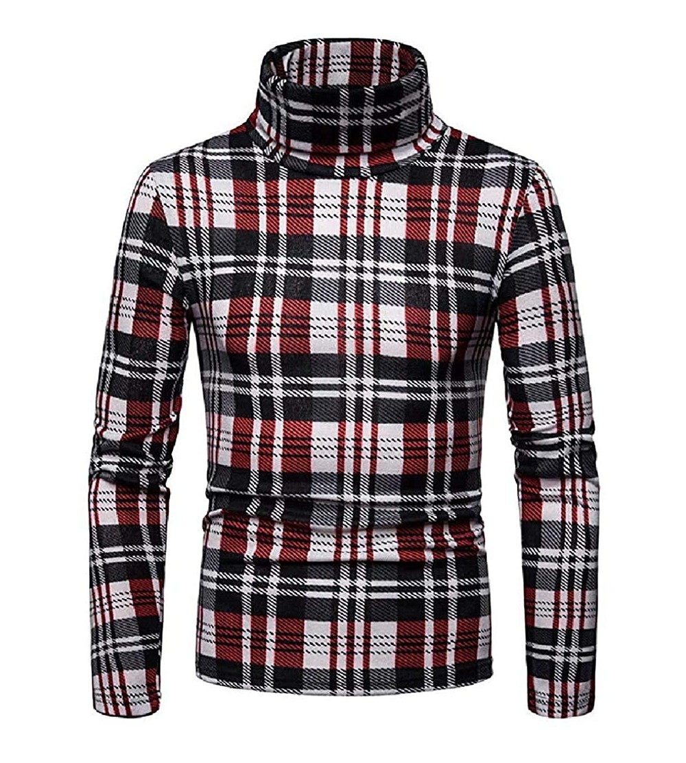 Thermal Underwear Men Thermal Warm Turtleneck Stretch Plaid Fleece Fall Winter T-Shirt Tops - Red - CJ1905IUOLM $43.98
