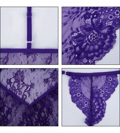 Baby Dolls & Chemises Women Vintage Lingerie Halter Deep V Neck See Through Lace Chemises Babydoll Sleepwear - Purple - CH189...