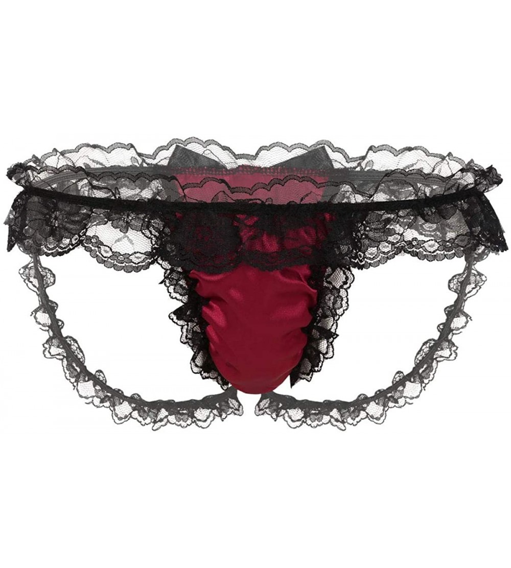 Briefs Men's Satin Frilly Ruffled Lace Bikini Briefs Sissy Crossdressing Bulge Pouch Underwear - Burgundy - C319D8UCWC8 $13.01