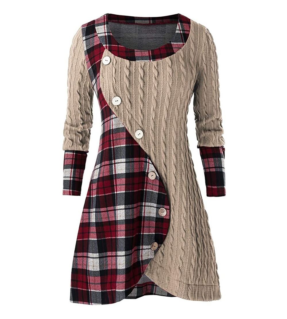 Accessories Women Plus Size Button Sweatshirt Dress Casual Long Sleeve Plaid Round Neck Tunic Pullover Tops - White - C019354...