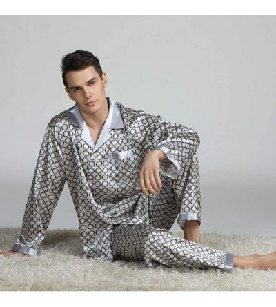 Sleep Sets Men's Pajamas Suit- Silk Men Pajama Sets Sleep Solid Satin Sleepwear Men Full Sleeve Silk Pyjama Men Pyjamas-Black...