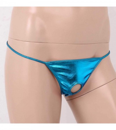 G-Strings & Thongs Mens Metallic Thong Underwear Sexy Low Rise Hole Open Butt G-String Briefs - Lake Blue - C5198RIQU8R $12.28