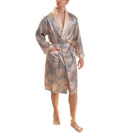 Robes Men's Summer Luxurious Kimono Soft Satin Robe Long-Sleeve Nightgown Printed Pajamas Bathrobes - Blue Gold - CO18ERHGSWL...
