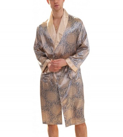 Robes Men's Summer Luxurious Kimono Soft Satin Robe Long-Sleeve Nightgown Printed Pajamas Bathrobes - Blue Gold - CO18ERHGSWL...