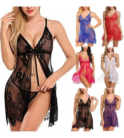 Baby Dolls & Chemises Womens Lace Sleepwear Halter Pajamas Sexy Bow Lingerie Nightdress Underwear - Purple - C1193LNZ97Q $8.67