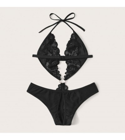 Bras Women Lace Deep V-Neck Sexy Sling Split Lingerie Bodysuit One-Piece Garment Underwear - Black - C91954TL6EI $12.76