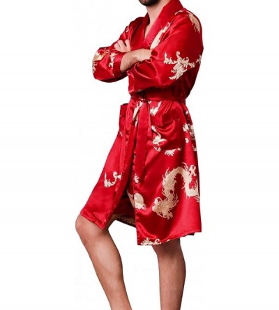 Robes Mens Satin Robe-Silk Long Sleeve House Kimono Bathrobe Pajamas Set- Soft Dragon Robe Set - CP18ZKOGAE5 $30.76