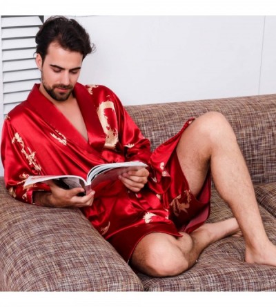 Robes Mens Satin Robe-Silk Long Sleeve House Kimono Bathrobe Pajamas Set- Soft Dragon Robe Set - CP18ZKOGAE5 $30.76
