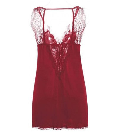 Baby Dolls & Chemises Women's Sexy Backless Lace Patchwork Sleepwear Full Slips Strap Nightgown V Neck Chemise Lace Lingerie ...