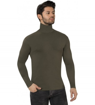 Undershirts Men's Roll Neck Soft Cotton Long-Sleeve Tops - Khaki - CX11OS2P247 $33.32