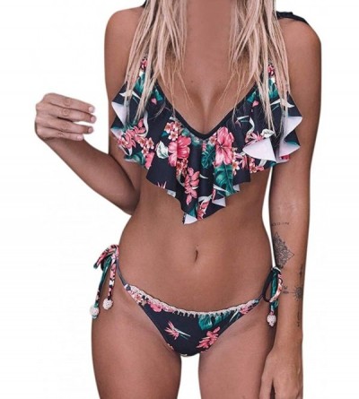 Bustiers & Corsets Women's Retro Flounce Thong Bikini Halter V Neck Two Piece Swimsuit - Multicolor - CS18TT0E6M5 $34.41