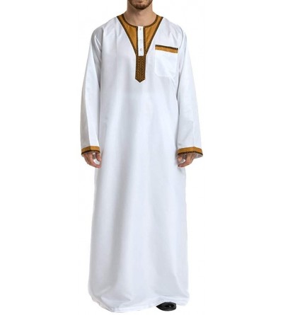 Robes Men's Islamic Thobe Round Collar Splicing Long Sleeve Arab Muslim Wear Robe Clothes Size XXL (White) - C518SX8NKZW $40.42