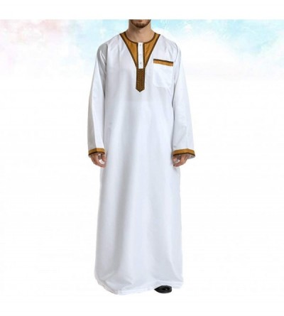 Robes Men's Islamic Thobe Round Collar Splicing Long Sleeve Arab Muslim Wear Robe Clothes Size XXL (White) - C518SX8NKZW $40.42