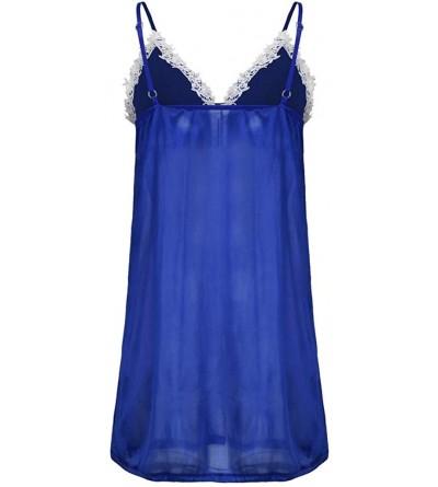 Bustiers & Corsets New Women V-Neck Lace Lingerie Silk Satin Sleepwear Nightdress Underwear Thong - Blue - CG18TTKS49I $12.36