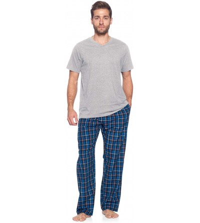 Sleep Sets Men's Sleepwear & Loungewear Pajamas Set | Woven Plaid PJ Pants & Short Sleeve Jersey Shirt - Black/Blue/Plaid - C...