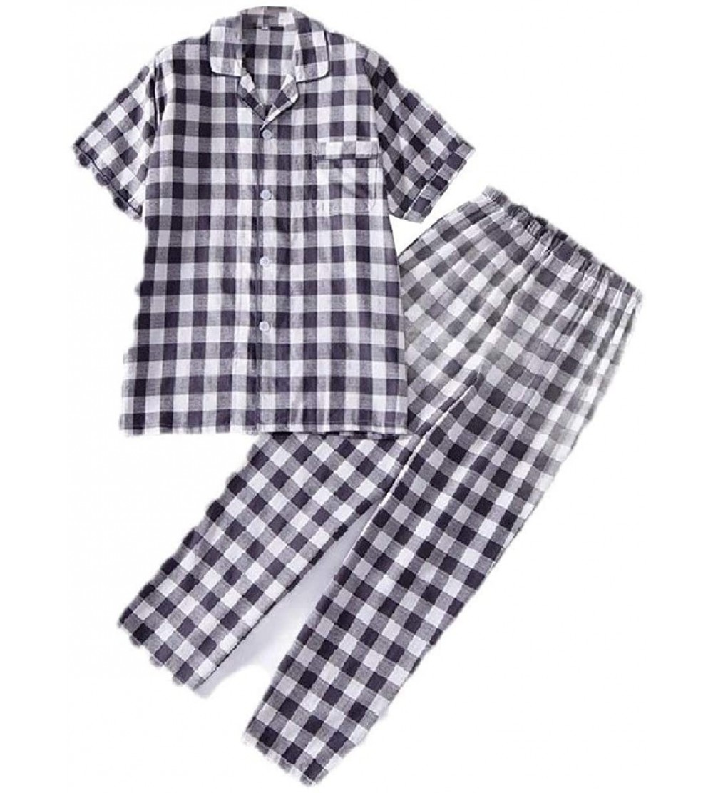 Sleep Sets Men Shorts Plaid Long-Sleeve 2 Piece Basic Cotton Pajamas Lounge Set - 7 - C318SE2ED5N $45.96