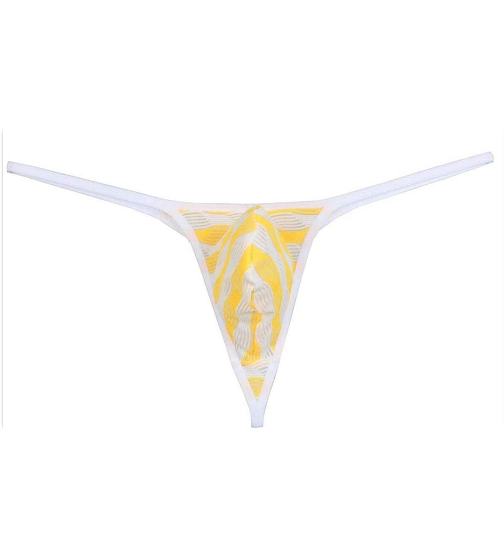 G-Strings & Thongs Men Stripe Lace Thongs Mesh Jockss Micro T-Back Underwear S Border Strings Mini Bikini Pants - Yellow - CS...