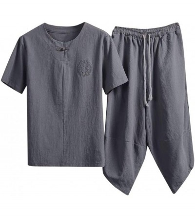 Sleep Sets Men's Tracksuit Set- Mens Summer Short-Sleeve Linen Top Shorts Pants Pajama Sets Super Soft Sleepwear Suit - Gray ...