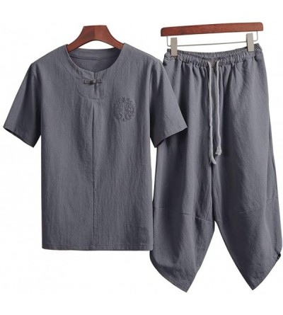 Sleep Sets Men's Tracksuit Set- Mens Summer Short-Sleeve Linen Top Shorts Pants Pajama Sets Super Soft Sleepwear Suit - Gray ...