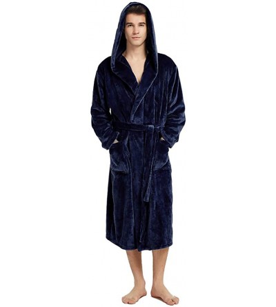 Robes Mens Fleece Hooded Robe Plush Collar Shawl Bathrobe Soft Warm Long Sleeve - Blue - CI18KHTE2T5 $21.20