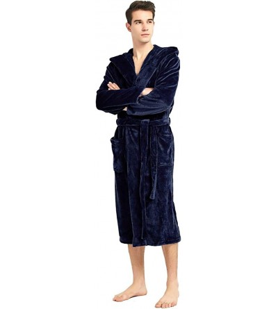 Robes Mens Fleece Hooded Robe Plush Collar Shawl Bathrobe Soft Warm Long Sleeve - Blue - CI18KHTE2T5 $21.20
