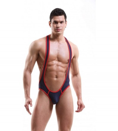 G-Strings & Thongs Men's Mesh Jockstrap Leotard Underwear Jumpsuits Wrestling Singlet Bodysuit - Navy - CJ190T7WYXY $10.44