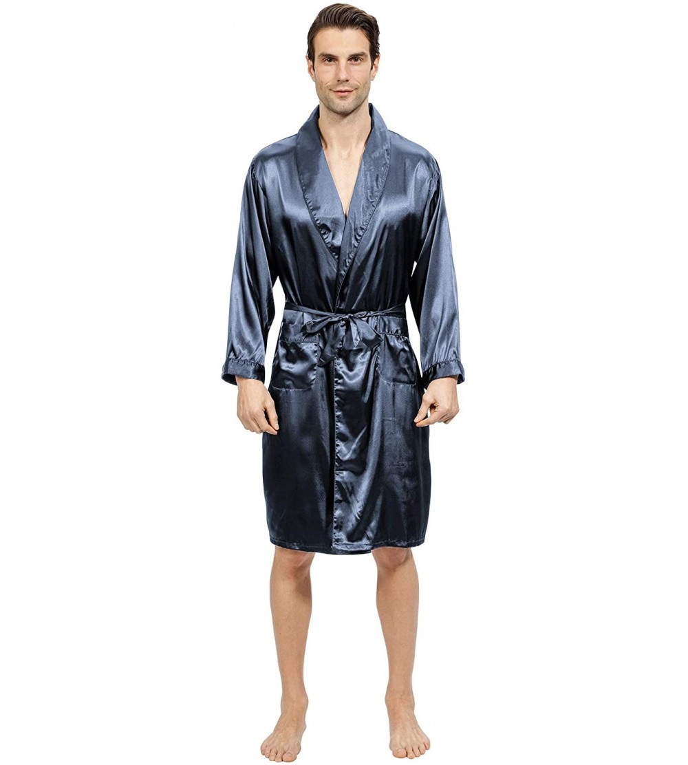 Robes Mens Satin Robe Lightweight Silk Spa Bathrobe with Shorts Nightgown Long Sleeve House Kimono Printed Bathrobe Set - Gre...