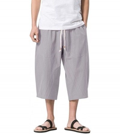 Sleep Bottoms Men's Linen Cotton Capri Pants Loose Fit Elastic Waist Wide Leg Baggy Harem Pants - Grey - CZ19EDAASG9 $29.87