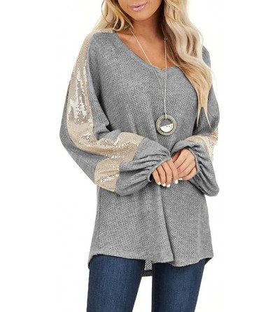 Bras Tops for Women Sequined Shining Stitching Long Sleeve Round Neck Loose Pullover Sweatshirt Blouse - Gray - CC195GZCNN2 $...
