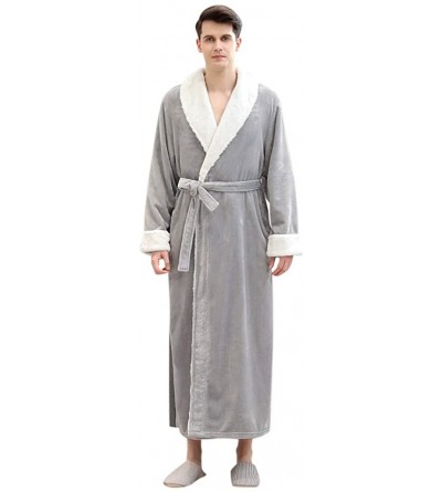 Robes Mens Splice Thicken Coral Fleece Robe Bathrobe Gown Pajamas Sleepwear Pocket - Gray - CY194IZ5X30 $60.24