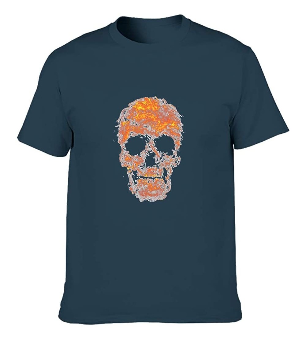 Undershirts Flame Skull Cotton T Shirt Mens Cool Regular T Shirt Scary Skull - Navy - CF19DSHZ7L7 $23.35