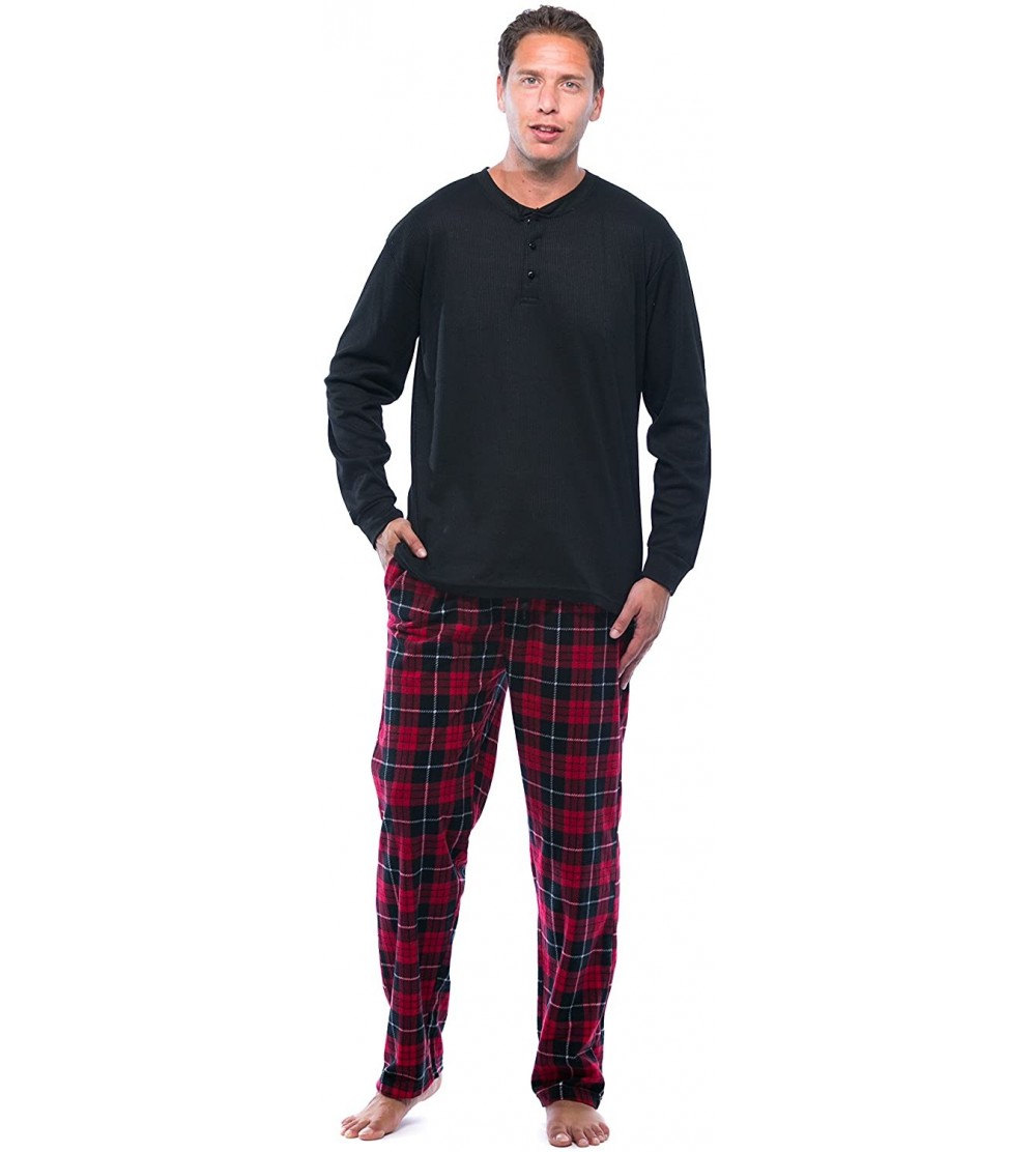 Sleep Sets Pajama Set for Men with Thermal Henley Top and Polar Fleece Pants - Black With Red Pant - C11839KKKRL $22.83