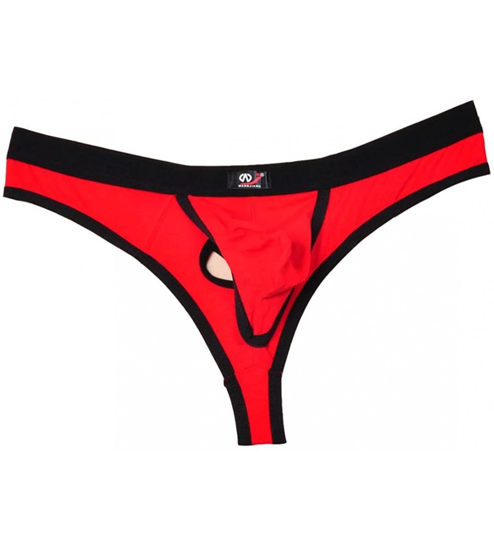 G-Strings & Thongs Men's Hole & Pouch Thong Underwear - Red - CJ11YPILPAN $11.13