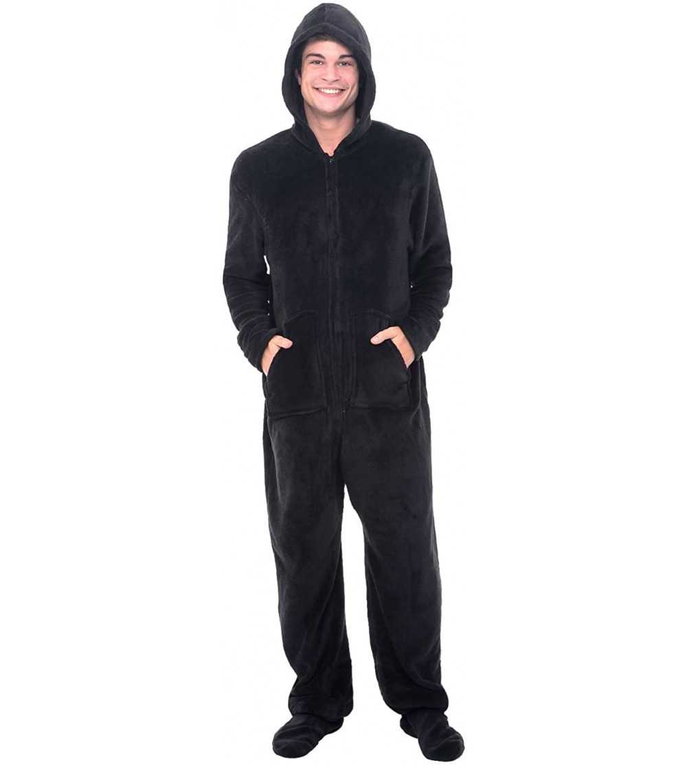 Sleep Sets Men's Warm Fleece One Piece Footed Pajamas- Adult Onesie with Hood - Black - CF116M0ANZZ $34.69