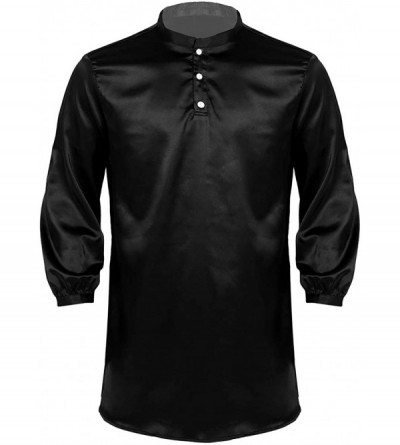 Robes Mens Satin Silky Long Nightshirt Nightgown Long Sleeve Pajamas Sleepwear Loose Sleep Shirt - Black - C11953N0Z70 $24.96