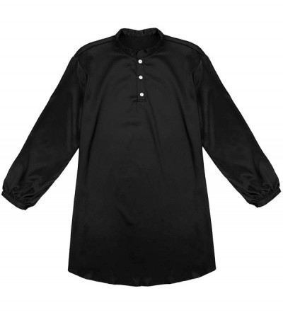 Robes Mens Satin Silky Long Nightshirt Nightgown Long Sleeve Pajamas Sleepwear Loose Sleep Shirt - Black - C11953N0Z70 $24.96