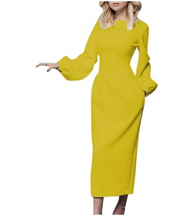 Baby Dolls & Chemises Womens Solid Casual Dress Elegant Long Sleeve O-Neck Slim Fit Pencil Dresses - Yellow - CL193NQOUI4 $38.35