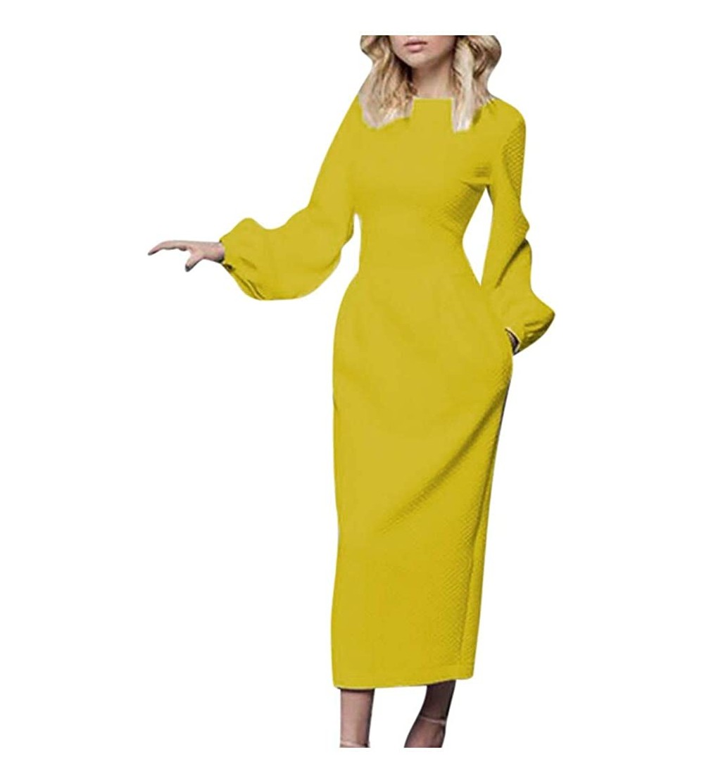 Baby Dolls & Chemises Womens Solid Casual Dress Elegant Long Sleeve O-Neck Slim Fit Pencil Dresses - Yellow - CL193NQOUI4 $15.90