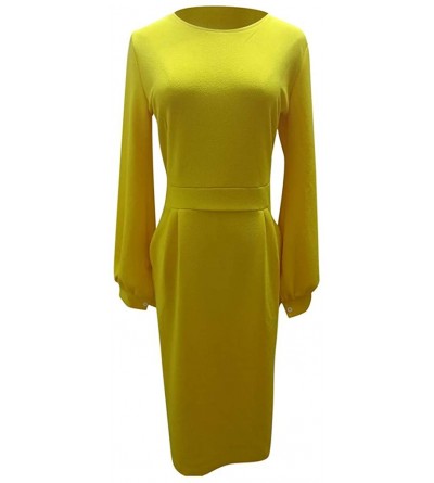 Baby Dolls & Chemises Womens Solid Casual Dress Elegant Long Sleeve O-Neck Slim Fit Pencil Dresses - Yellow - CL193NQOUI4 $15.90