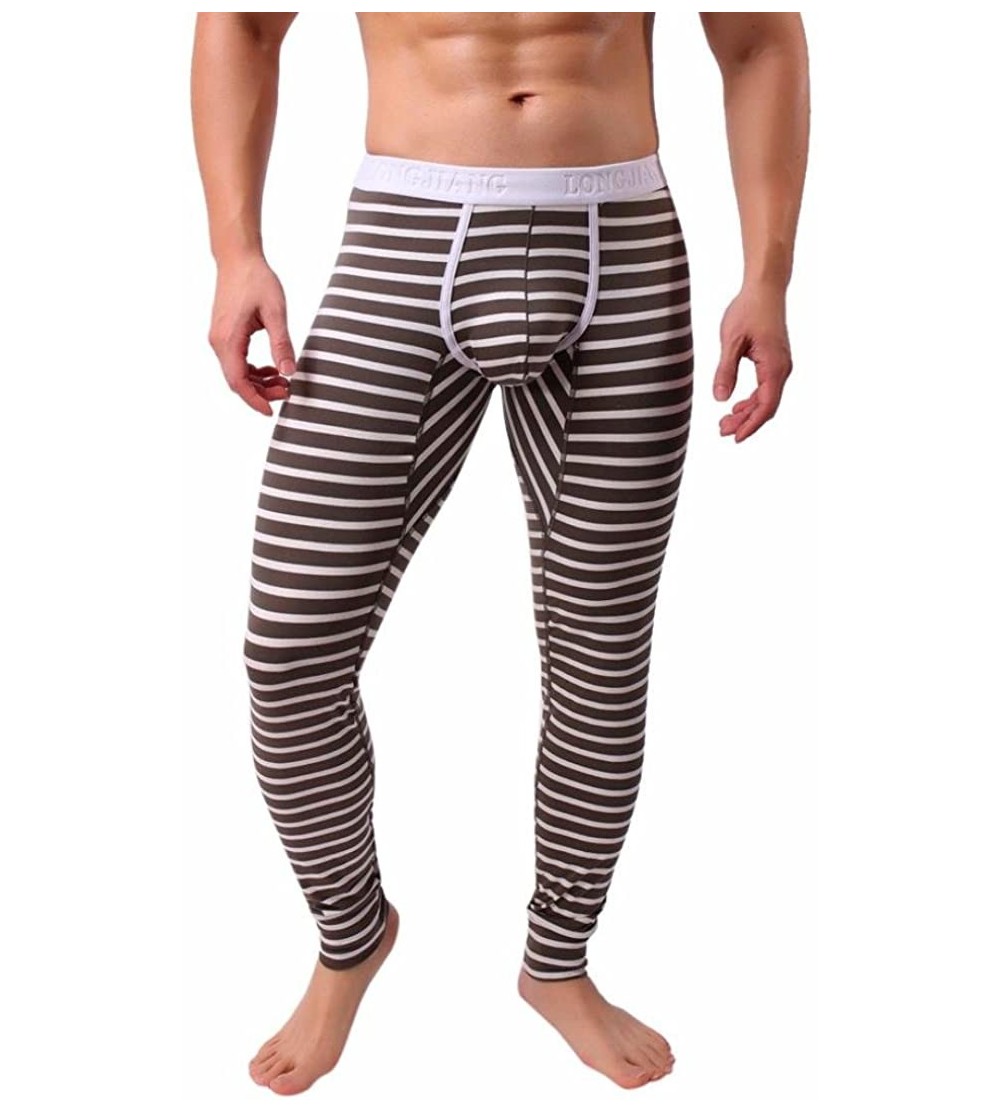 Thermal Underwear Mens Striped Breathe Patchwork Low Rise Leggings Long Johns Thermal Pant - Brown - C11899H6D7O $27.74